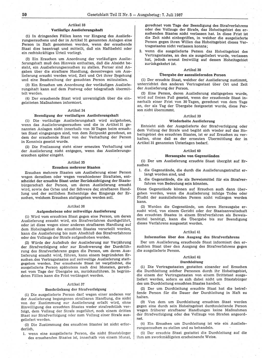 Gesetzblatt (GBl.) der Deutschen Demokratischen Republik (DDR) Teil ⅠⅠ 1987, Seite 50 (GBl. DDR ⅠⅠ 1987, S. 50)