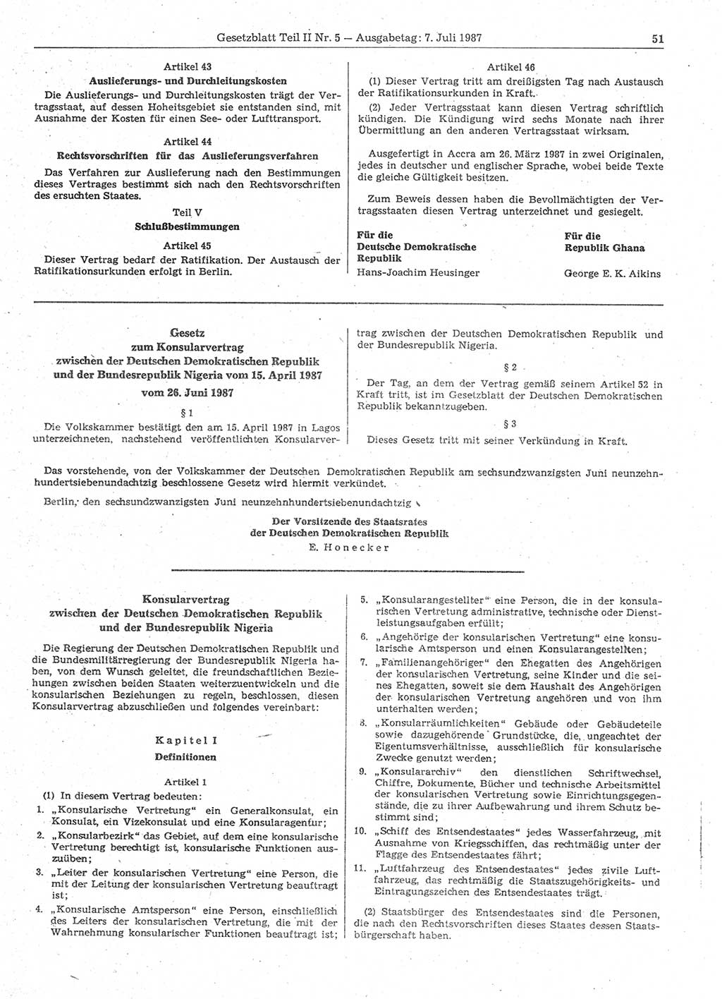 Gesetzblatt (GBl.) der Deutschen Demokratischen Republik (DDR) Teil ⅠⅠ 1987, Seite 51 (GBl. DDR ⅠⅠ 1987, S. 51)
