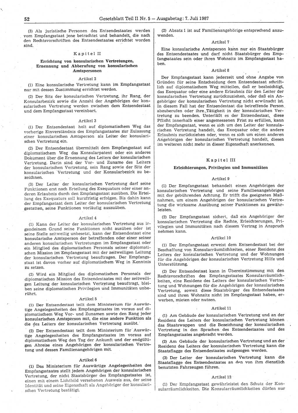 Gesetzblatt (GBl.) der Deutschen Demokratischen Republik (DDR) Teil ⅠⅠ 1987, Seite 52 (GBl. DDR ⅠⅠ 1987, S. 52)