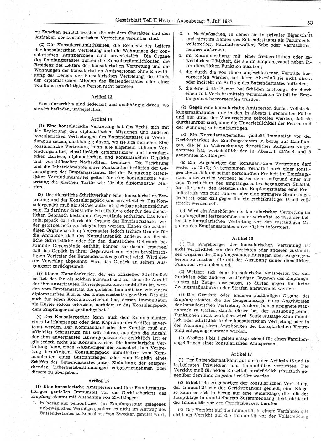 Gesetzblatt (GBl.) der Deutschen Demokratischen Republik (DDR) Teil ⅠⅠ 1987, Seite 53 (GBl. DDR ⅠⅠ 1987, S. 53)