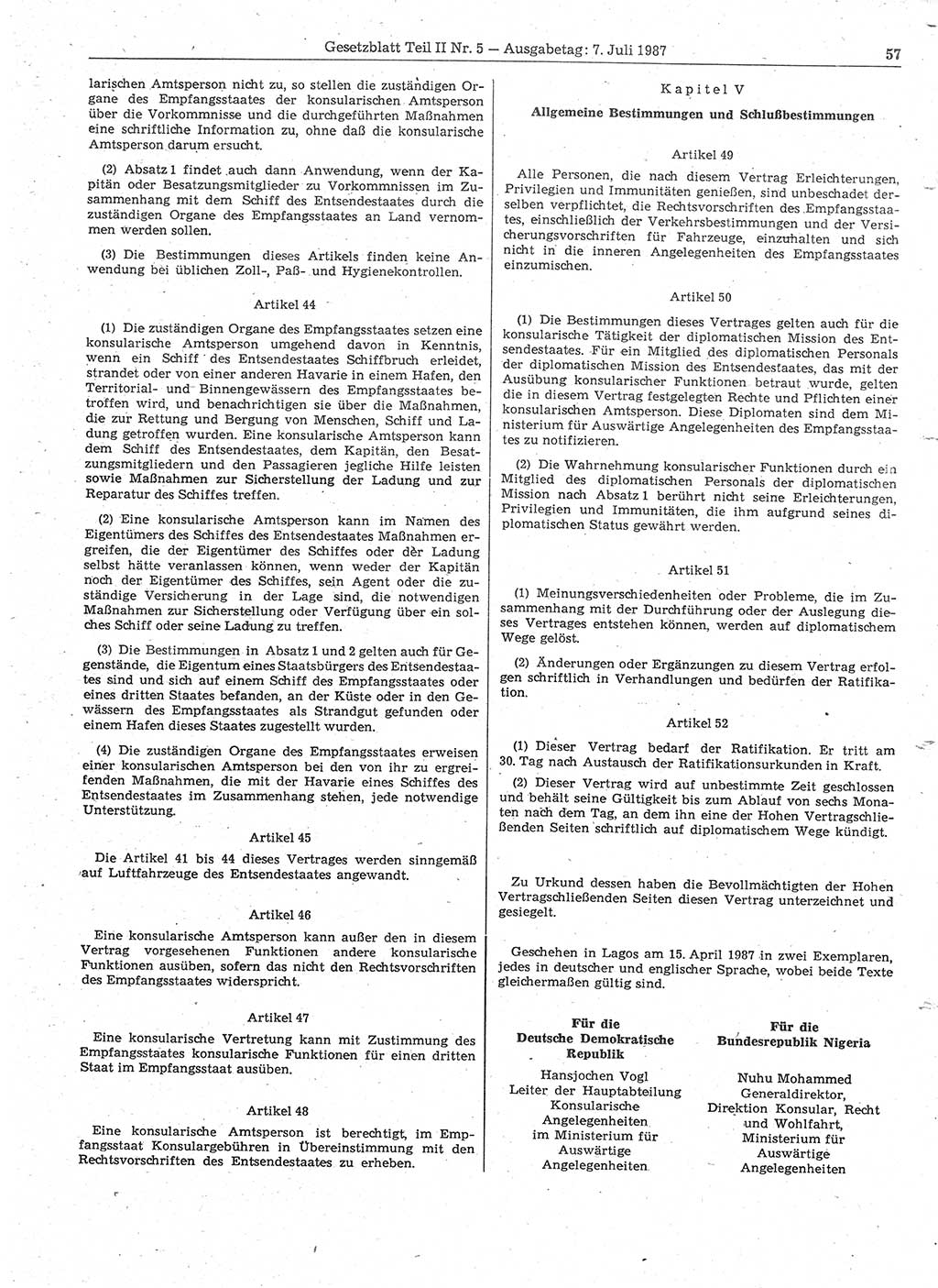Gesetzblatt (GBl.) der Deutschen Demokratischen Republik (DDR) Teil ⅠⅠ 1987, Seite 57 (GBl. DDR ⅠⅠ 1987, S. 57)