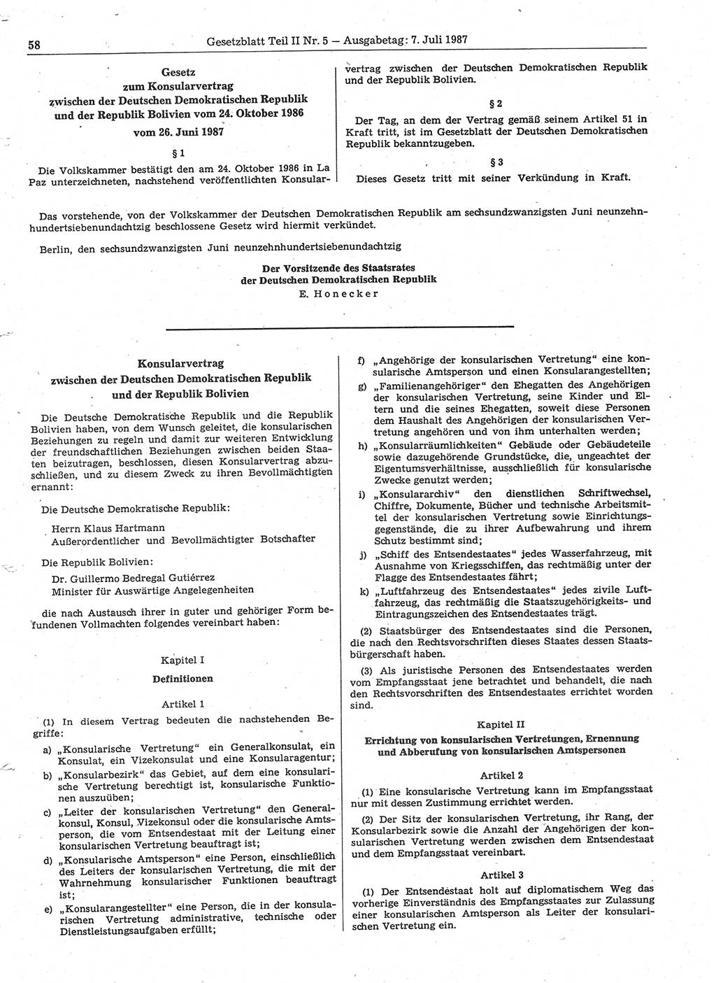 Gesetzblatt (GBl.) der Deutschen Demokratischen Republik (DDR) Teil ⅠⅠ 1987, Seite 58 (GBl. DDR ⅠⅠ 1987, S. 58)