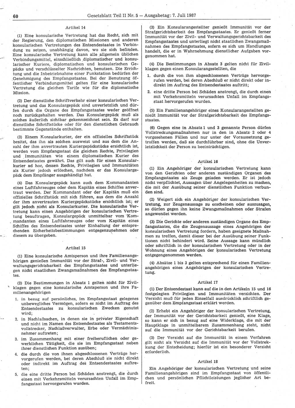 Gesetzblatt (GBl.) der Deutschen Demokratischen Republik (DDR) Teil ⅠⅠ 1987, Seite 60 (GBl. DDR ⅠⅠ 1987, S. 60)