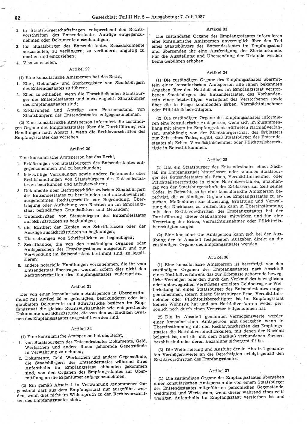 Gesetzblatt (GBl.) der Deutschen Demokratischen Republik (DDR) Teil ⅠⅠ 1987, Seite 62 (GBl. DDR ⅠⅠ 1987, S. 62)