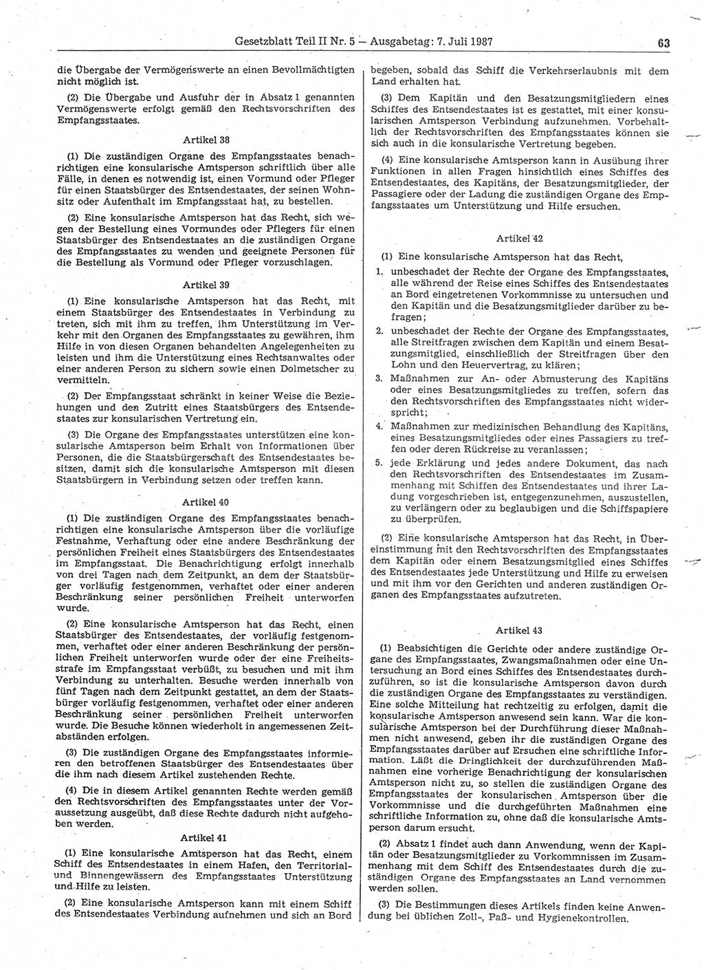 Gesetzblatt (GBl.) der Deutschen Demokratischen Republik (DDR) Teil ⅠⅠ 1987, Seite 63 (GBl. DDR ⅠⅠ 1987, S. 63)