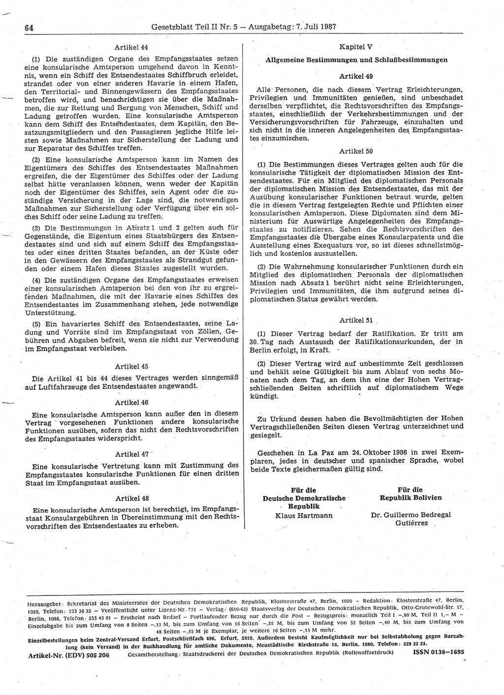 Gesetzblatt (GBl.) der Deutschen Demokratischen Republik (DDR) Teil ⅠⅠ 1987, Seite 64 (GBl. DDR ⅠⅠ 1987, S. 64)