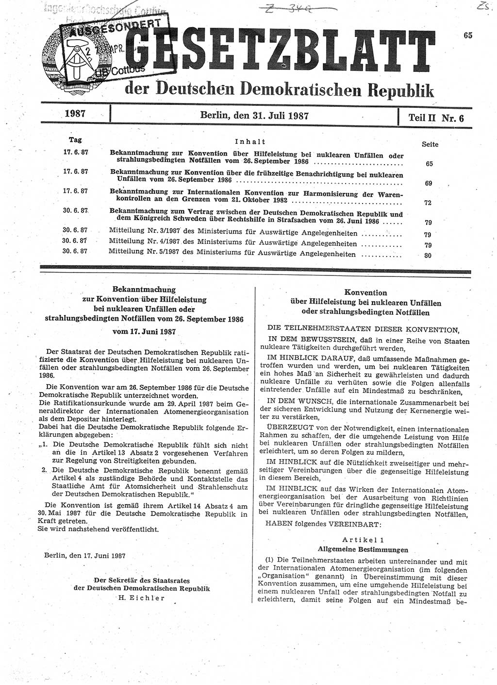 Gesetzblatt (GBl.) der Deutschen Demokratischen Republik (DDR) Teil ⅠⅠ 1987, Seite 65 (GBl. DDR ⅠⅠ 1987, S. 65)