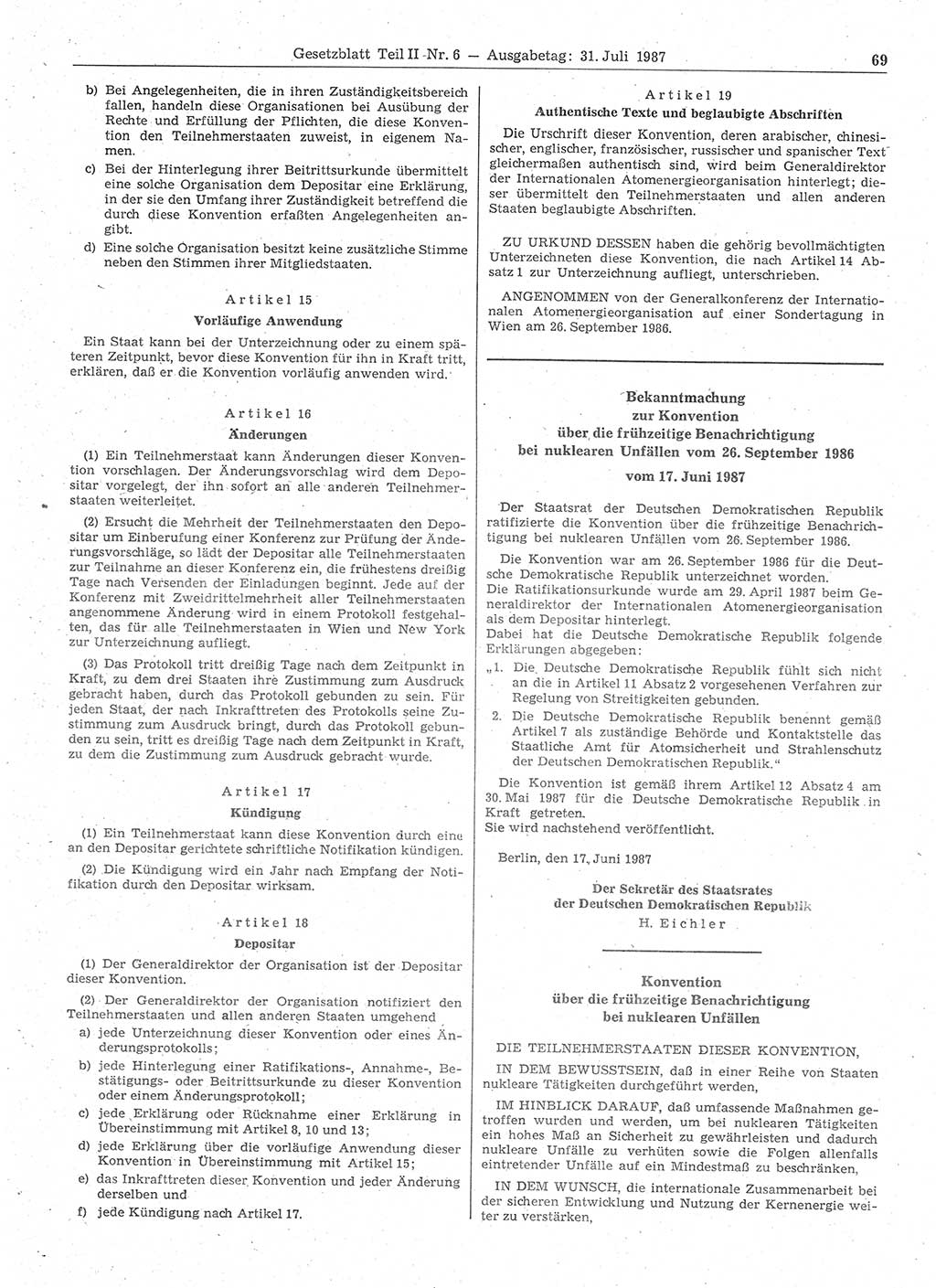 Gesetzblatt (GBl.) der Deutschen Demokratischen Republik (DDR) Teil ⅠⅠ 1987, Seite 69 (GBl. DDR ⅠⅠ 1987, S. 69)