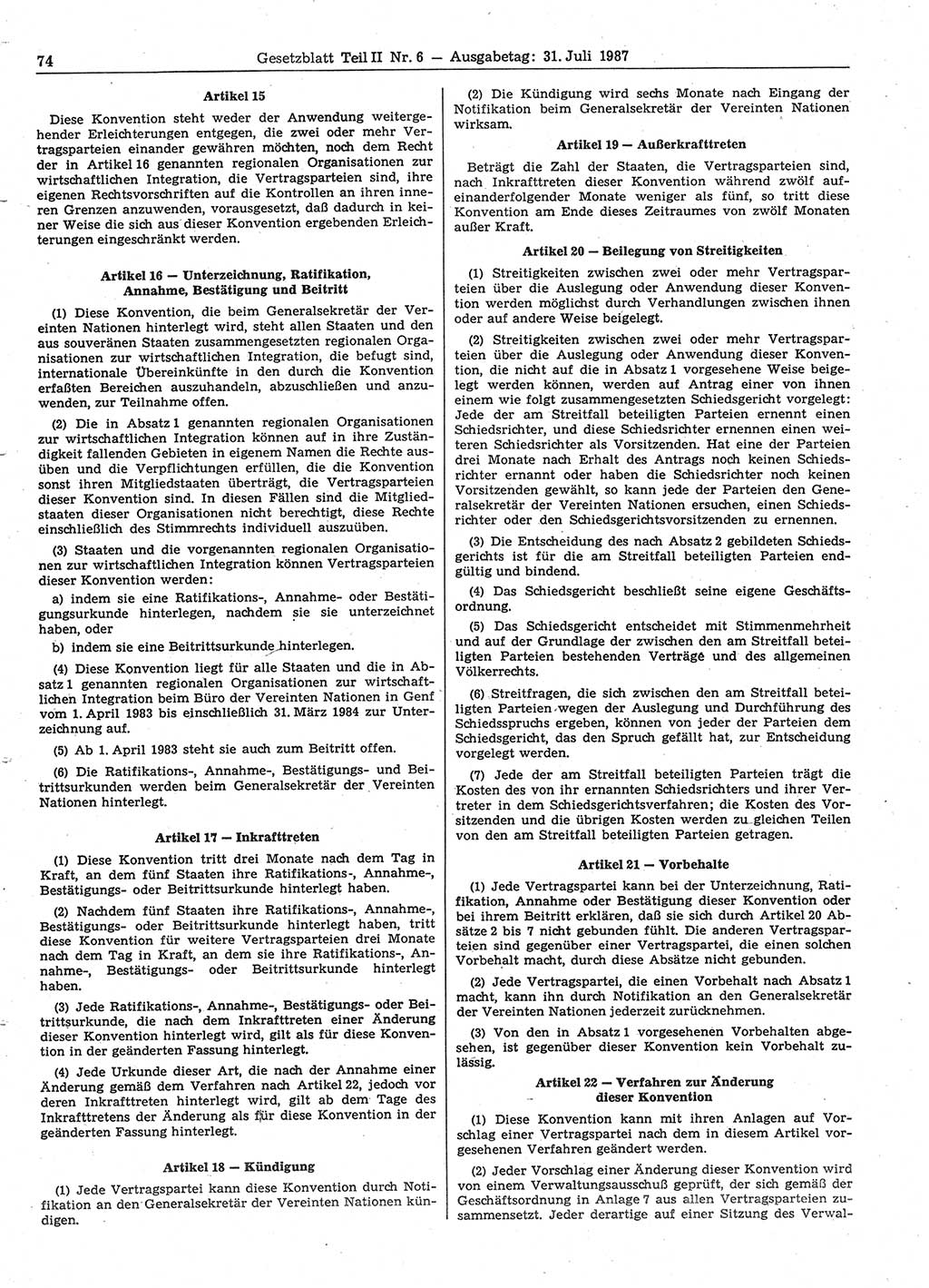 Gesetzblatt (GBl.) der Deutschen Demokratischen Republik (DDR) Teil ⅠⅠ 1987, Seite 74 (GBl. DDR ⅠⅠ 1987, S. 74)