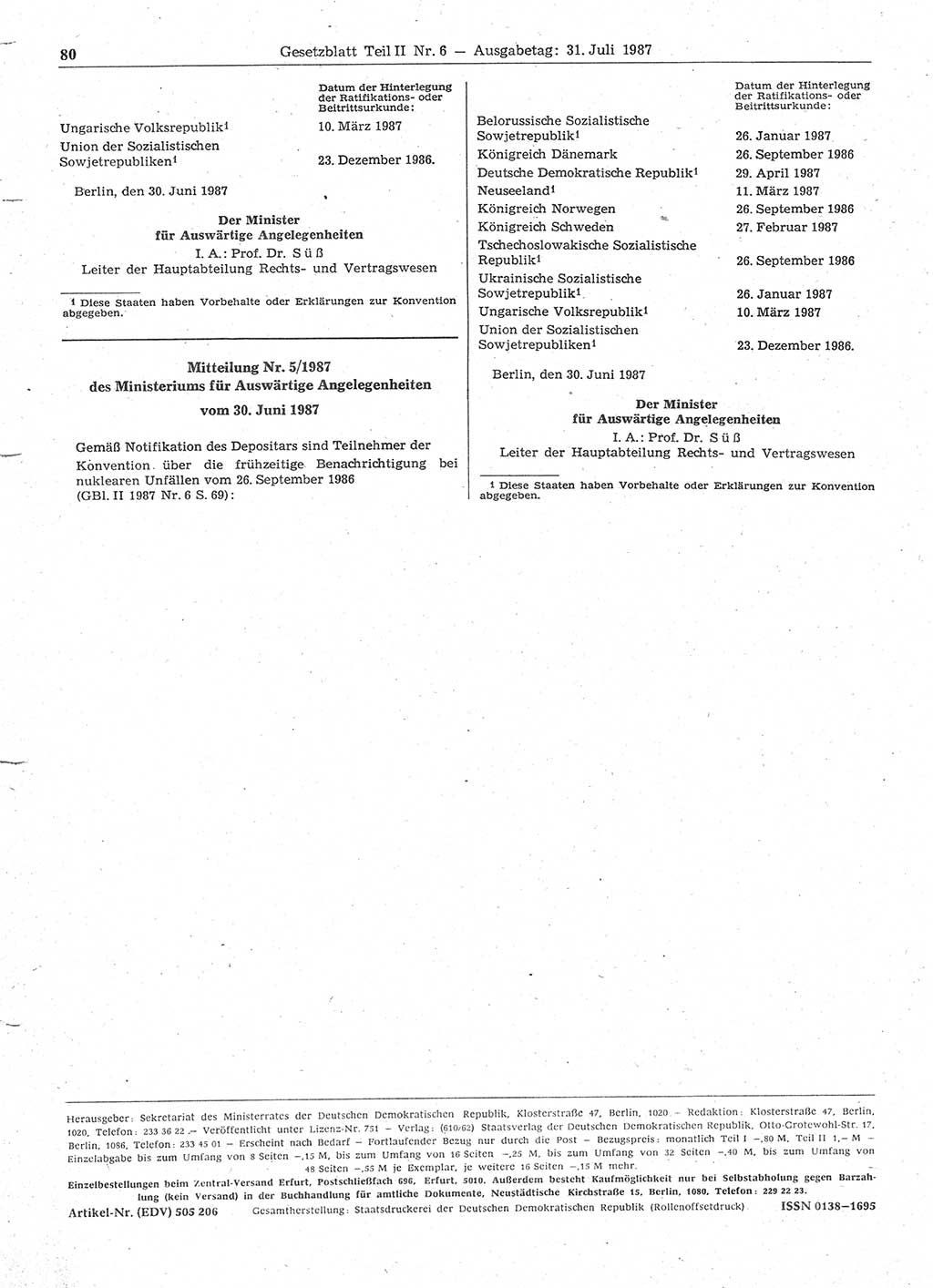 Gesetzblatt (GBl.) der Deutschen Demokratischen Republik (DDR) Teil ⅠⅠ 1987, Seite 80 (GBl. DDR ⅠⅠ 1987, S. 80)