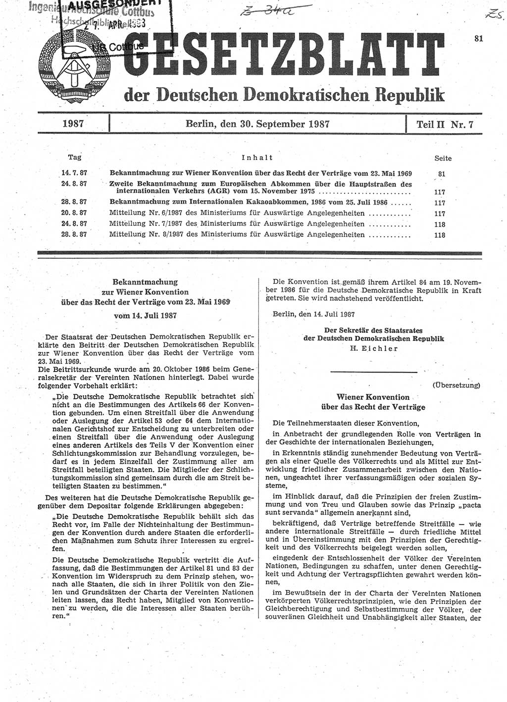 Gesetzblatt (GBl.) der Deutschen Demokratischen Republik (DDR) Teil ⅠⅠ 1987, Seite 81 (GBl. DDR ⅠⅠ 1987, S. 81)