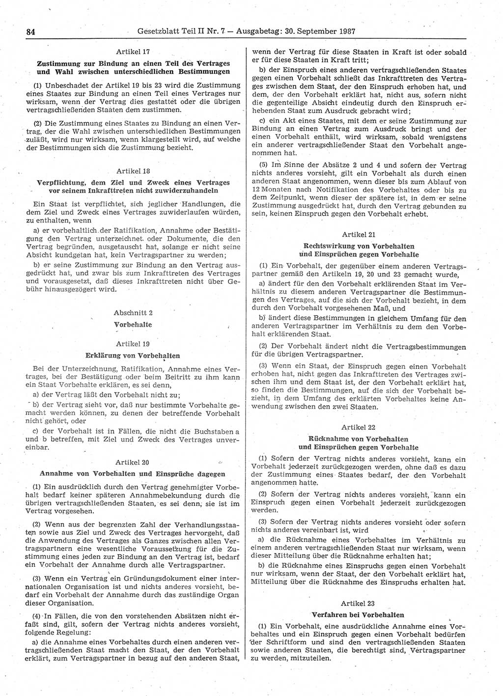 Gesetzblatt (GBl.) der Deutschen Demokratischen Republik (DDR) Teil ⅠⅠ 1987, Seite 84 (GBl. DDR ⅠⅠ 1987, S. 84)