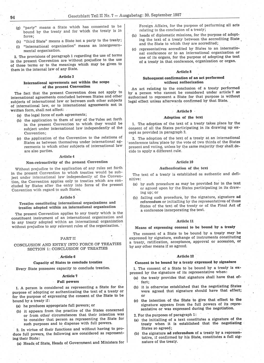 Gesetzblatt (GBl.) der Deutschen Demokratischen Republik (DDR) Teil ⅠⅠ 1987, Seite 94 (GBl. DDR ⅠⅠ 1987, S. 94)