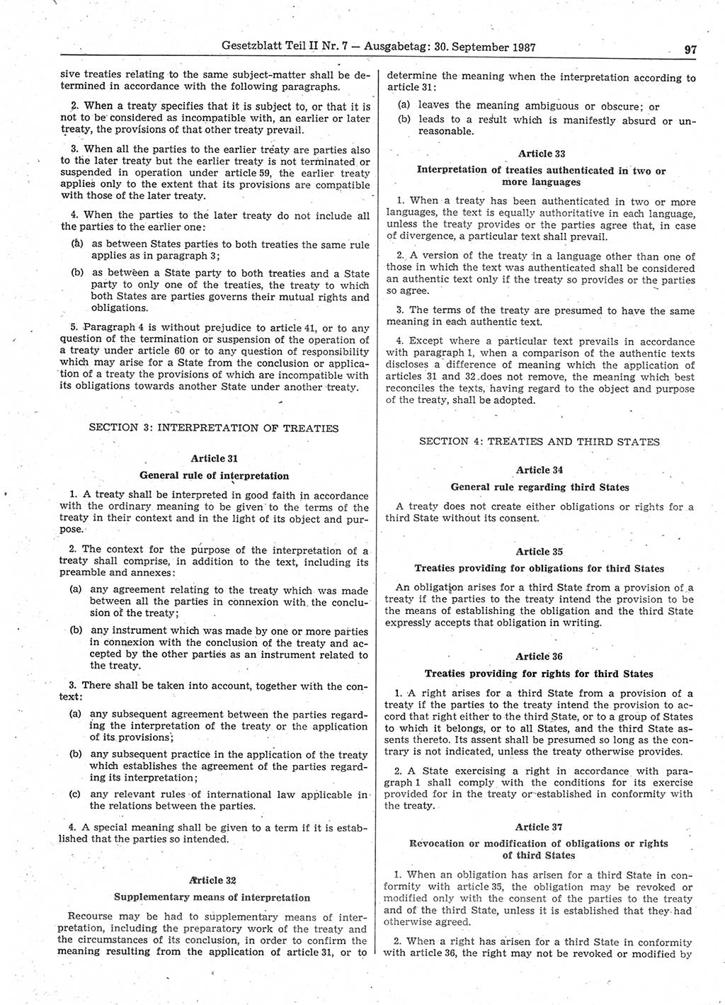 Gesetzblatt (GBl.) der Deutschen Demokratischen Republik (DDR) Teil ⅠⅠ 1987, Seite 97 (GBl. DDR ⅠⅠ 1987, S. 97)