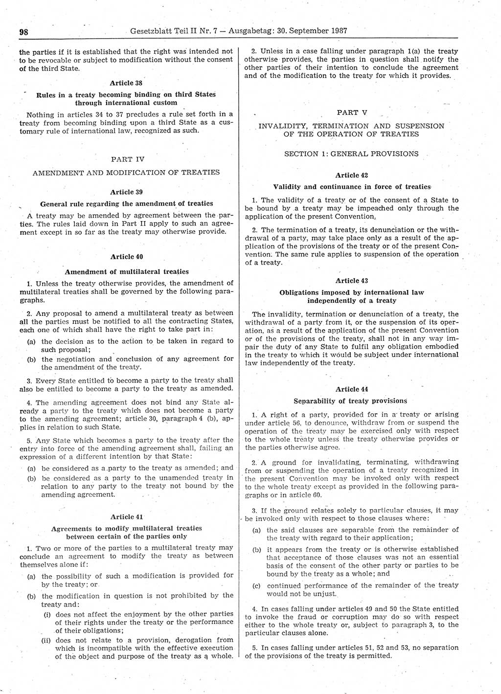 Gesetzblatt (GBl.) der Deutschen Demokratischen Republik (DDR) Teil ⅠⅠ 1987, Seite 98 (GBl. DDR ⅠⅠ 1987, S. 98)