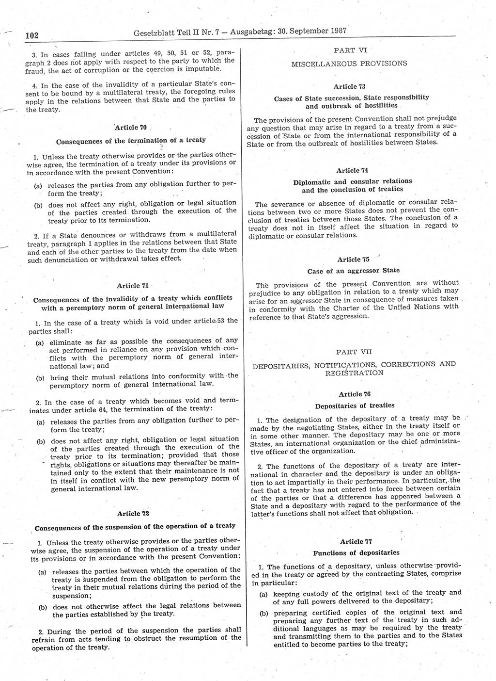 Gesetzblatt (GBl.) der Deutschen Demokratischen Republik (DDR) Teil ⅠⅠ 1987, Seite 102 (GBl. DDR ⅠⅠ 1987, S. 102)