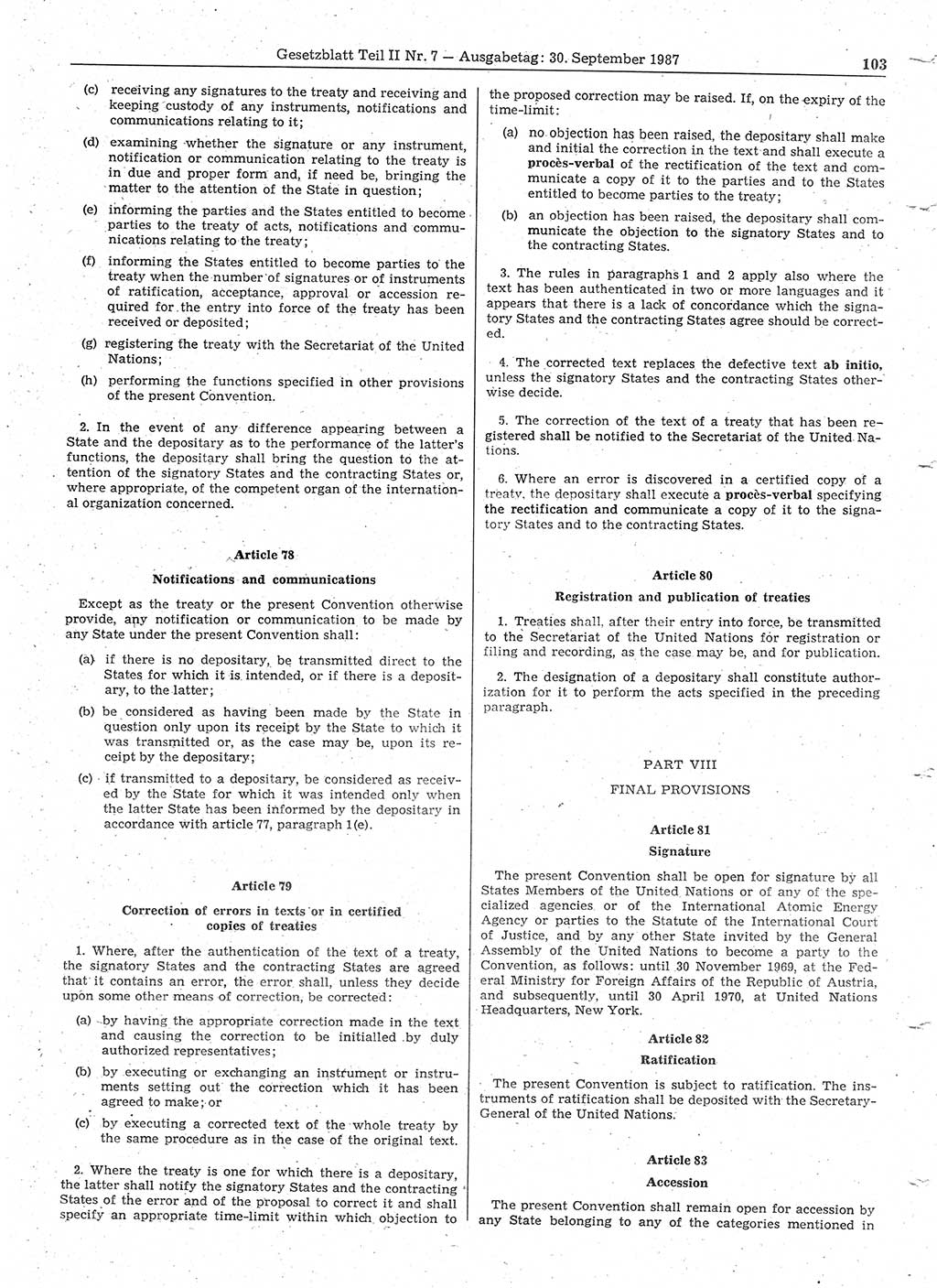 Gesetzblatt (GBl.) der Deutschen Demokratischen Republik (DDR) Teil ⅠⅠ 1987, Seite 103 (GBl. DDR ⅠⅠ 1987, S. 103)