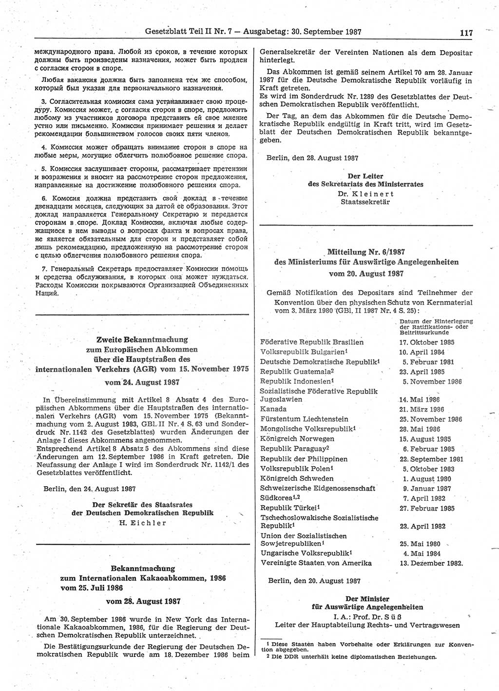 Gesetzblatt (GBl.) der Deutschen Demokratischen Republik (DDR) Teil ⅠⅠ 1987, Seite 117 (GBl. DDR ⅠⅠ 1987, S. 117)