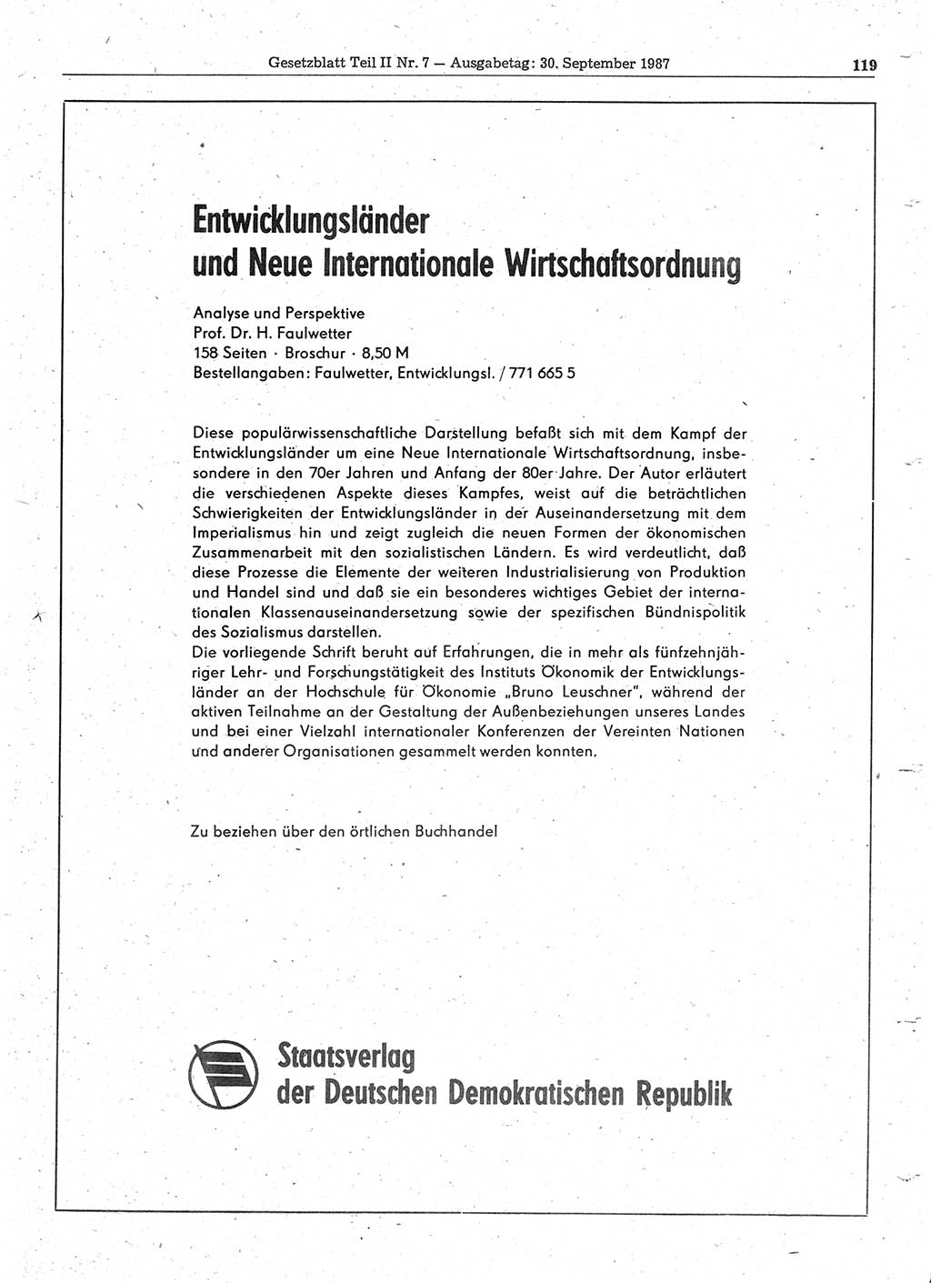 Gesetzblatt (GBl.) der Deutschen Demokratischen Republik (DDR) Teil ⅠⅠ 1987, Seite 119 (GBl. DDR ⅠⅠ 1987, S. 119)