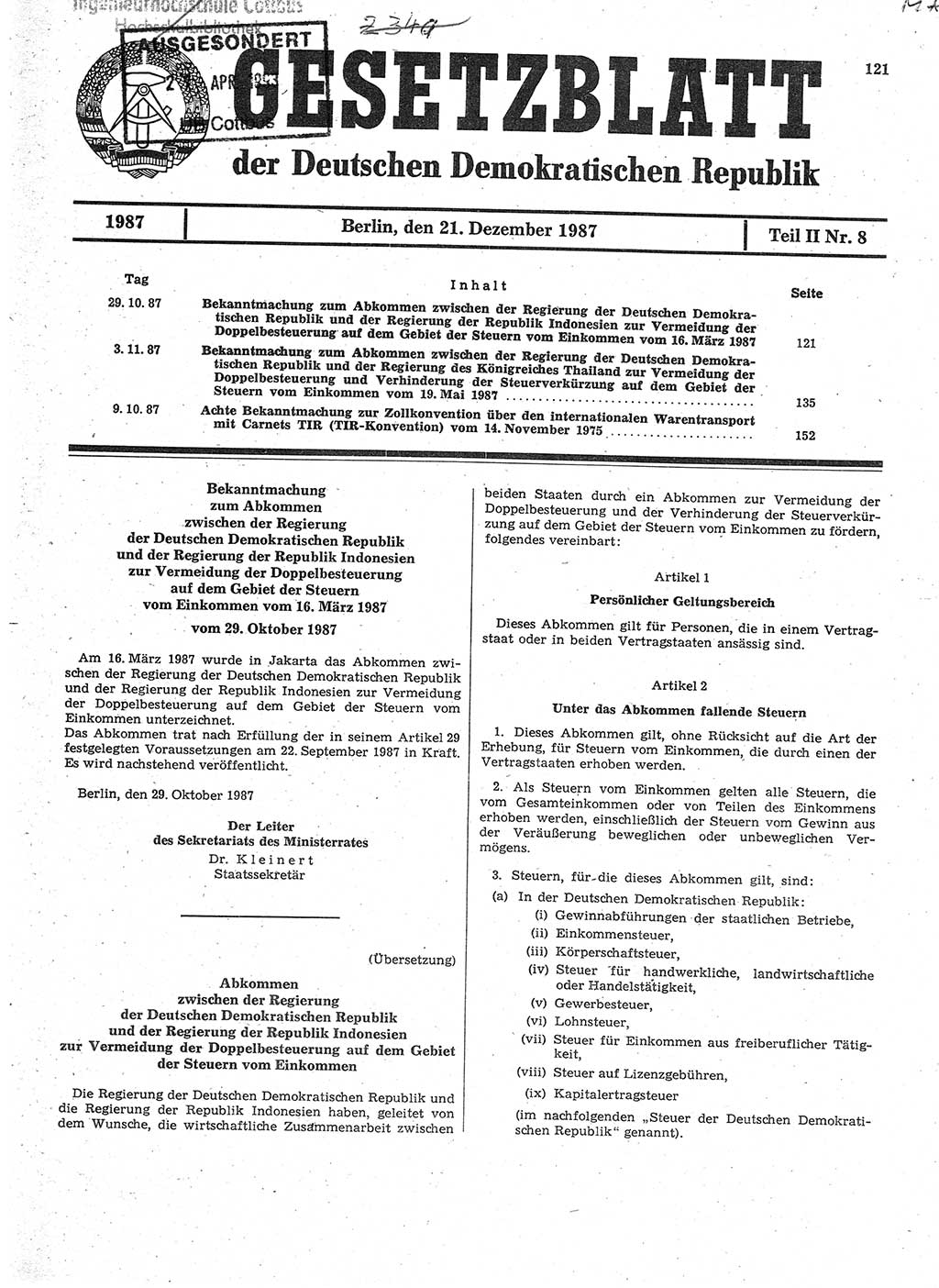 Gesetzblatt (GBl.) der Deutschen Demokratischen Republik (DDR) Teil ⅠⅠ 1987, Seite 121 (GBl. DDR ⅠⅠ 1987, S. 121)