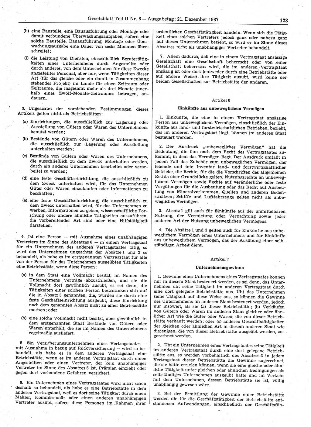 Gesetzblatt (GBl.) der Deutschen Demokratischen Republik (DDR) Teil ⅠⅠ 1987, Seite 123 (GBl. DDR ⅠⅠ 1987, S. 123)