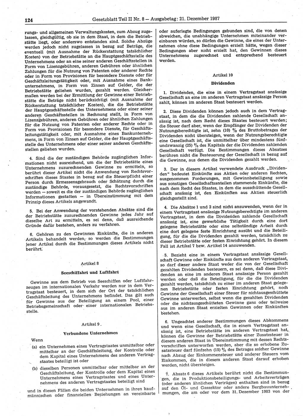 Gesetzblatt (GBl.) der Deutschen Demokratischen Republik (DDR) Teil ⅠⅠ 1987, Seite 124 (GBl. DDR ⅠⅠ 1987, S. 124)