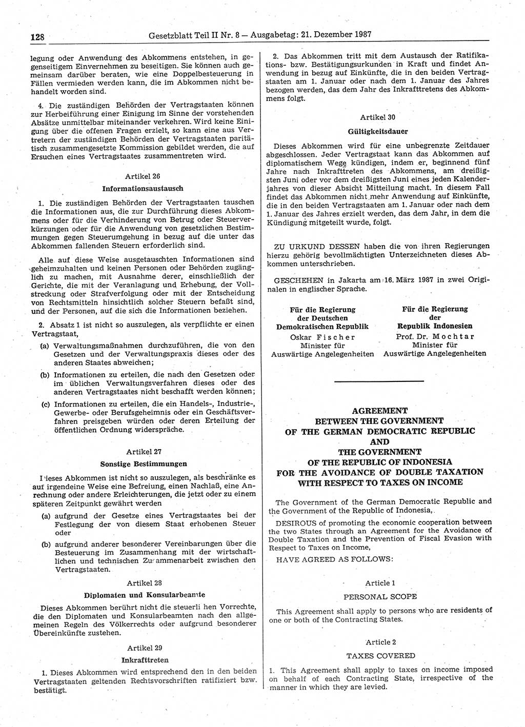 Gesetzblatt (GBl.) der Deutschen Demokratischen Republik (DDR) Teil ⅠⅠ 1987, Seite 128 (GBl. DDR ⅠⅠ 1987, S. 128)