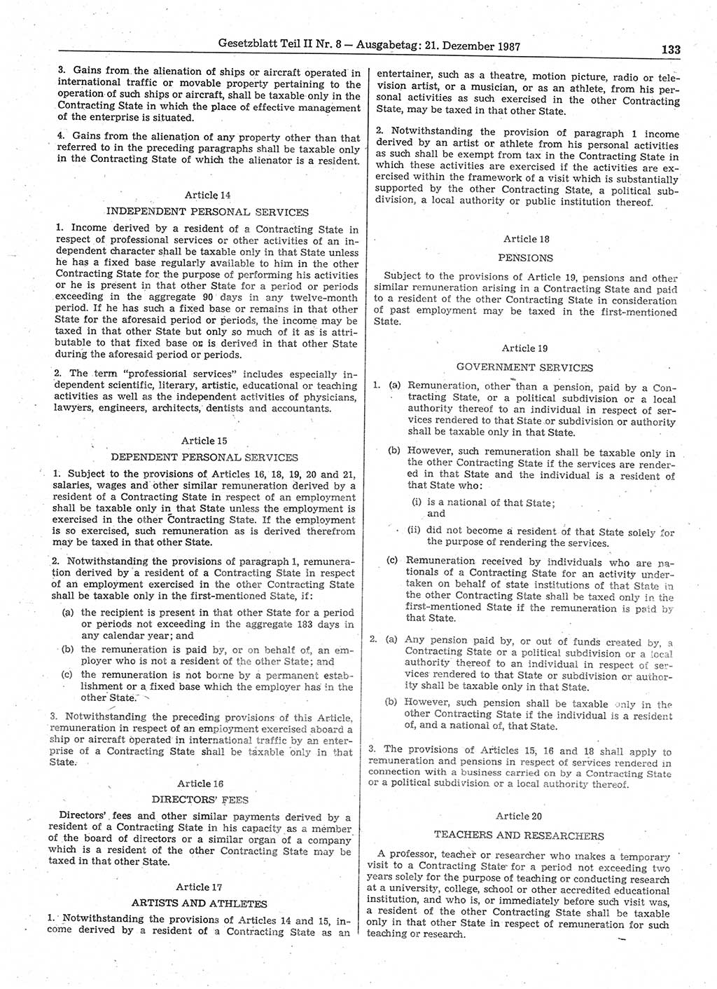 Gesetzblatt (GBl.) der Deutschen Demokratischen Republik (DDR) Teil ⅠⅠ 1987, Seite 133 (GBl. DDR ⅠⅠ 1987, S. 133)