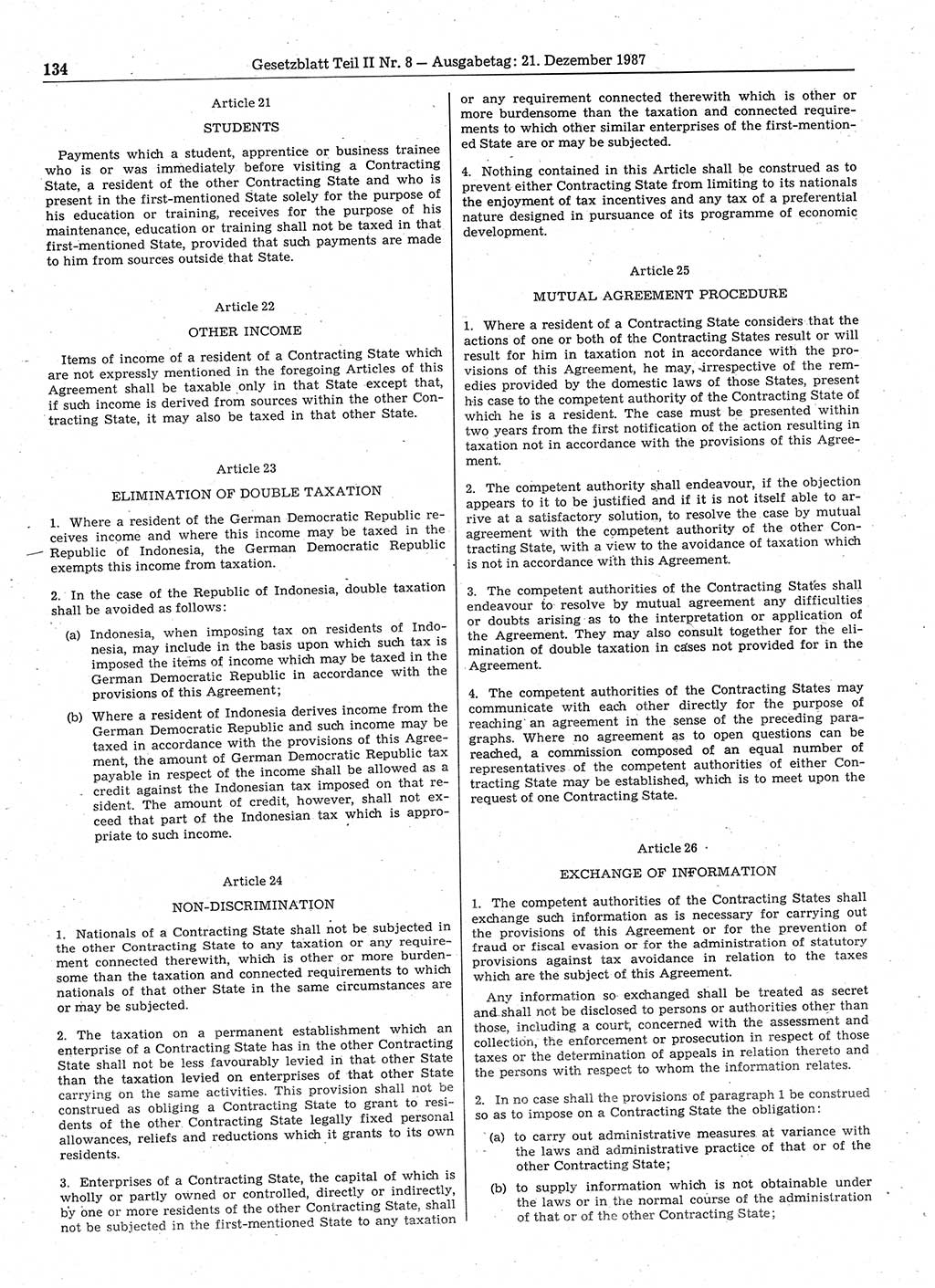 Gesetzblatt (GBl.) der Deutschen Demokratischen Republik (DDR) Teil ⅠⅠ 1987, Seite 134 (GBl. DDR ⅠⅠ 1987, S. 134)