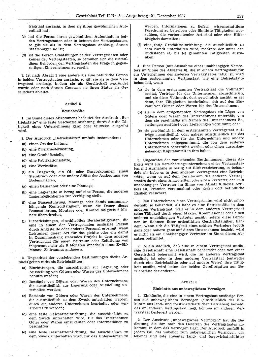 Gesetzblatt (GBl.) der Deutschen Demokratischen Republik (DDR) Teil ⅠⅠ 1987, Seite 137 (GBl. DDR ⅠⅠ 1987, S. 137)