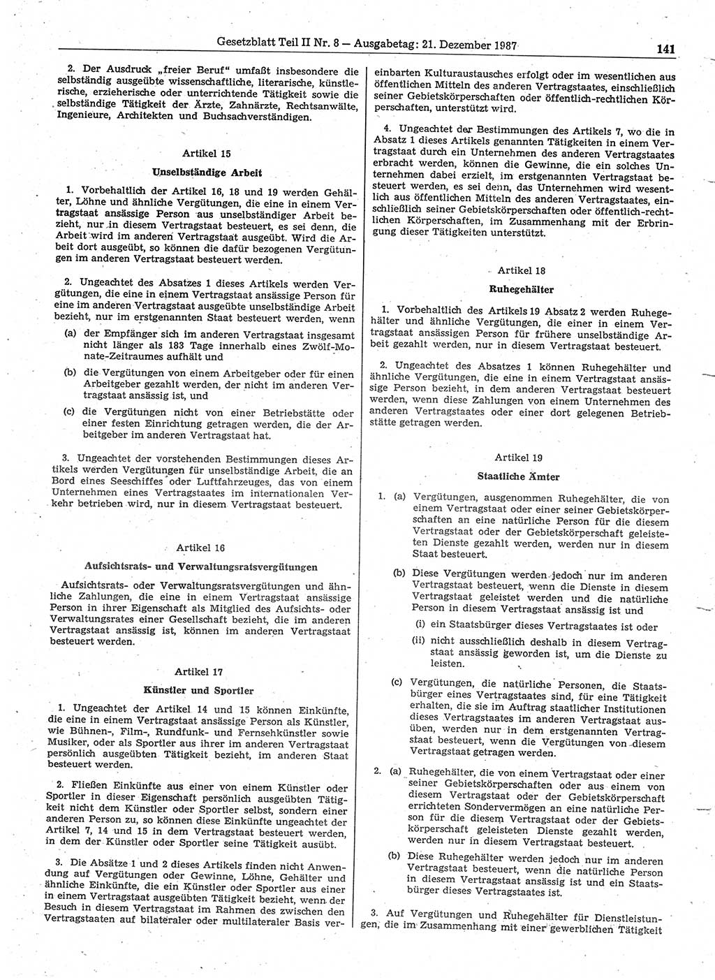 Gesetzblatt (GBl.) der Deutschen Demokratischen Republik (DDR) Teil ⅠⅠ 1987, Seite 141 (GBl. DDR ⅠⅠ 1987, S. 141)