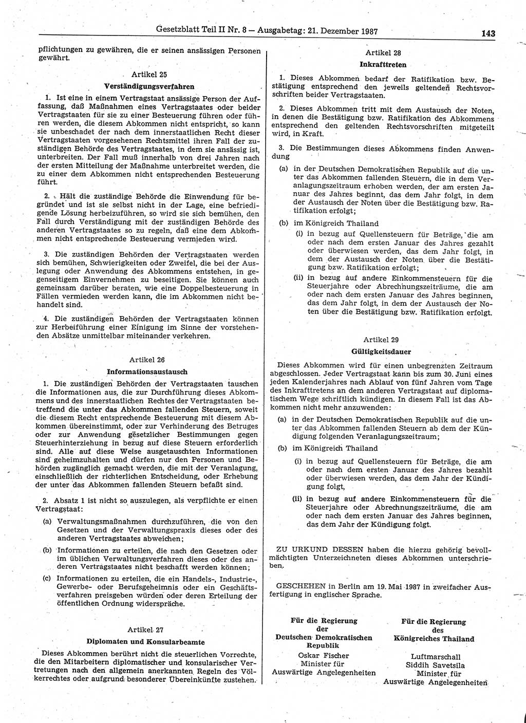 Gesetzblatt (GBl.) der Deutschen Demokratischen Republik (DDR) Teil ⅠⅠ 1987, Seite 143 (GBl. DDR ⅠⅠ 1987, S. 143)