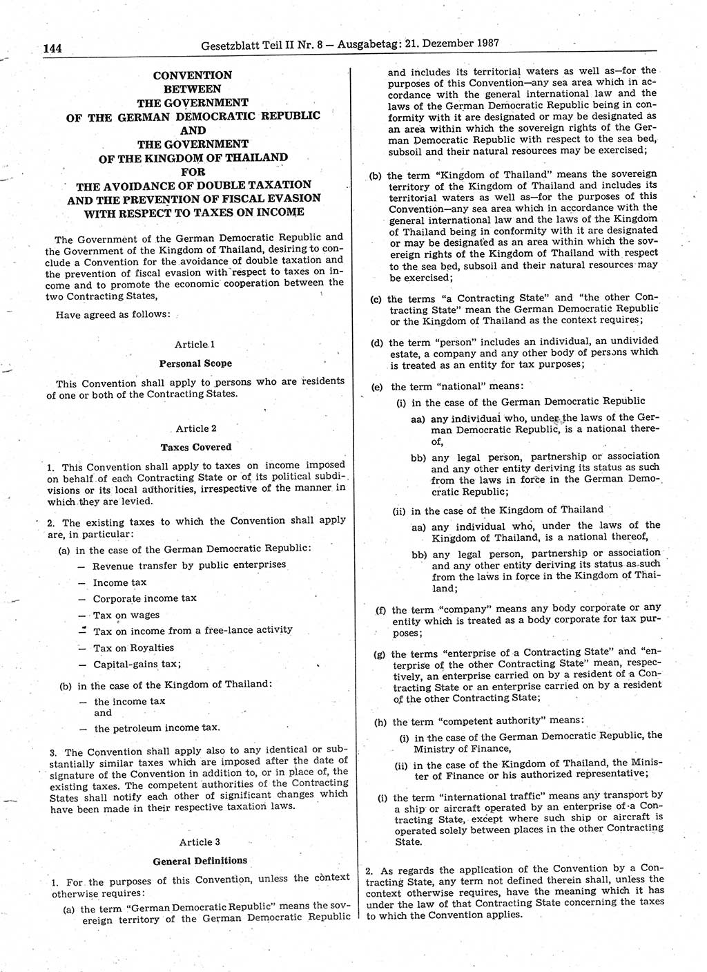 Gesetzblatt (GBl.) der Deutschen Demokratischen Republik (DDR) Teil ⅠⅠ 1987, Seite 144 (GBl. DDR ⅠⅠ 1987, S. 144)