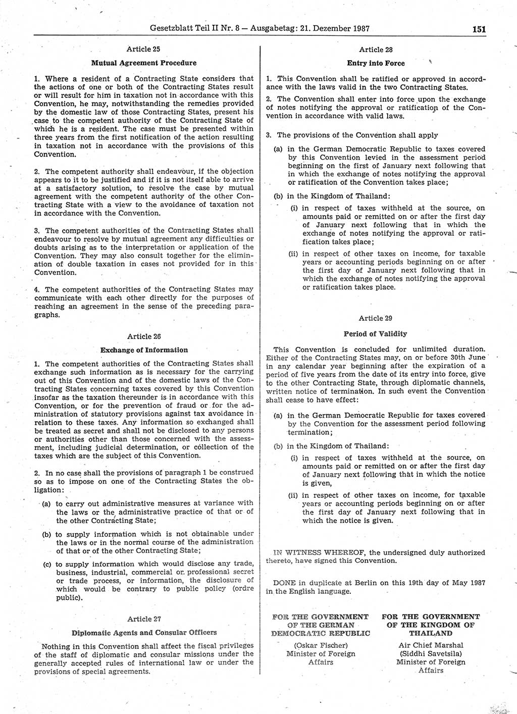 Gesetzblatt (GBl.) der Deutschen Demokratischen Republik (DDR) Teil ⅠⅠ 1987, Seite 151 (GBl. DDR ⅠⅠ 1987, S. 151)