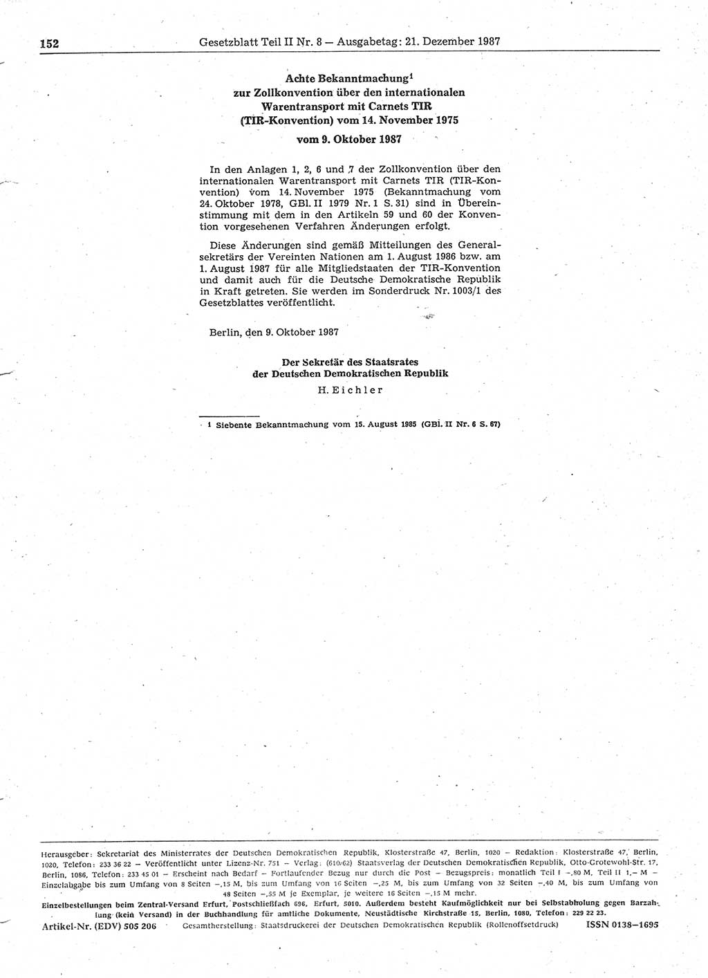 Gesetzblatt (GBl.) der Deutschen Demokratischen Republik (DDR) Teil ⅠⅠ 1987, Seite 152 (GBl. DDR ⅠⅠ 1987, S. 152)