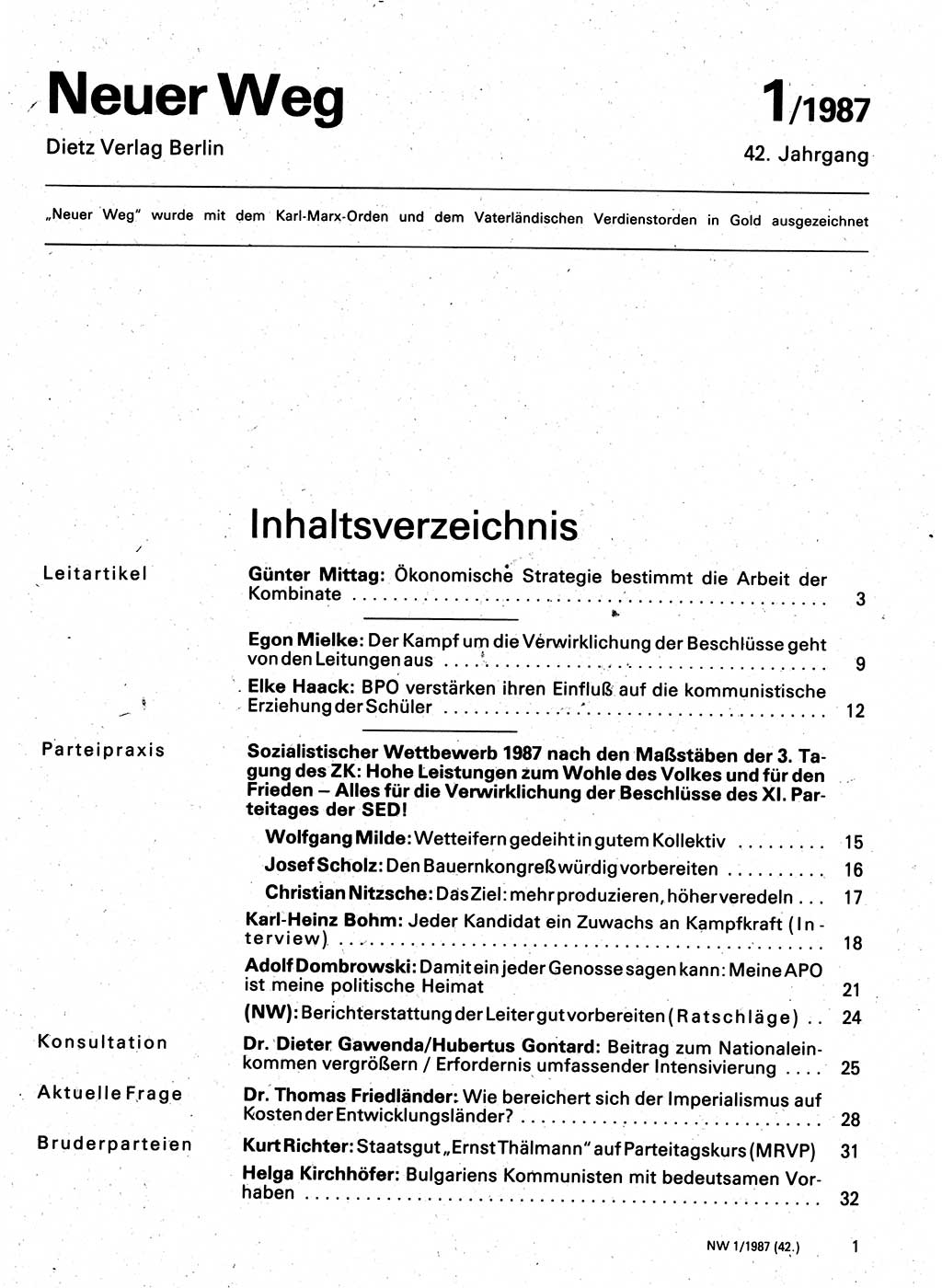 Neuer Weg (NW), Organ des Zentralkomitees (ZK) der SED (Sozialistische Einheitspartei Deutschlands) für Fragen des Parteilebens, 42. Jahrgang [Deutsche Demokratische Republik (DDR)] 1987, Seite 1 (NW ZK SED DDR 1987, S. 1)