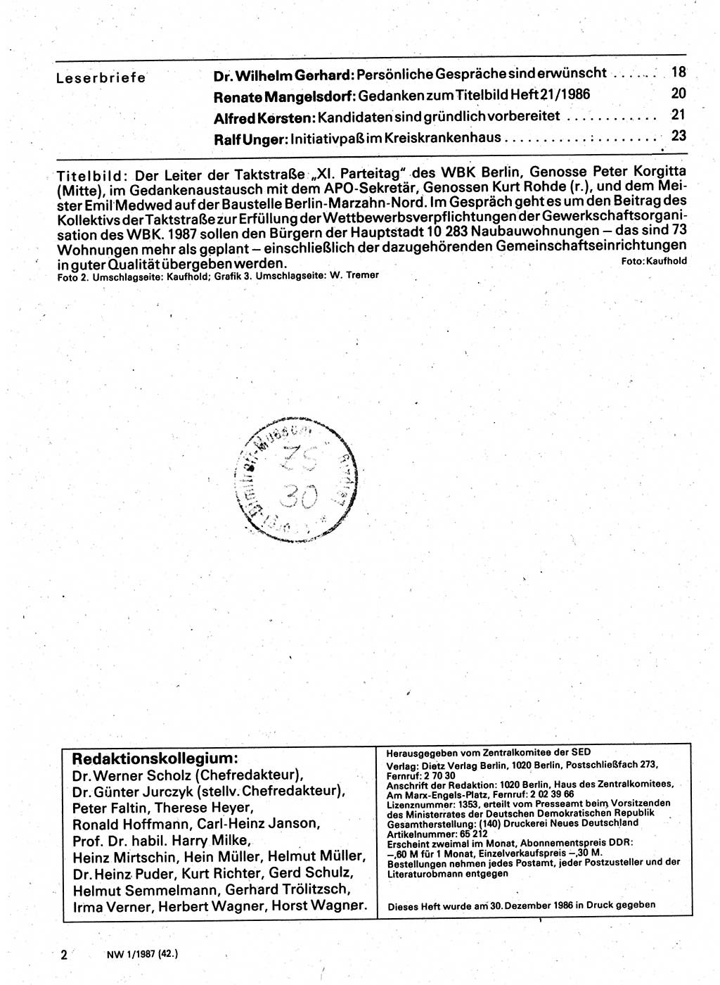 Neuer Weg (NW), Organ des Zentralkomitees (ZK) der SED (Sozialistische Einheitspartei Deutschlands) für Fragen des Parteilebens, 42. Jahrgang [Deutsche Demokratische Republik (DDR)] 1987, Seite 2 (NW ZK SED DDR 1987, S. 2)