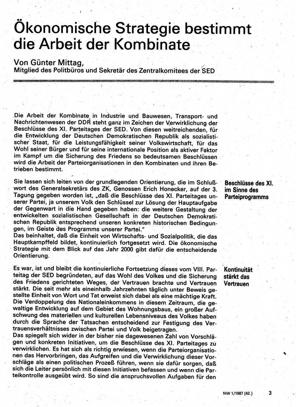 Neuer Weg (NW), Organ des Zentralkomitees (ZK) der SED (Sozialistische Einheitspartei Deutschlands) für Fragen des Parteilebens, 42. Jahrgang [Deutsche Demokratische Republik (DDR)] 1987, Seite 3 (NW ZK SED DDR 1987, S. 3)