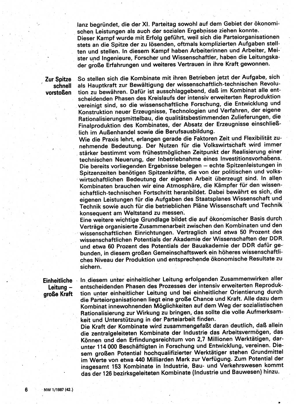 Neuer Weg (NW), Organ des Zentralkomitees (ZK) der SED (Sozialistische Einheitspartei Deutschlands) für Fragen des Parteilebens, 42. Jahrgang [Deutsche Demokratische Republik (DDR)] 1987, Seite 6 (NW ZK SED DDR 1987, S. 6)