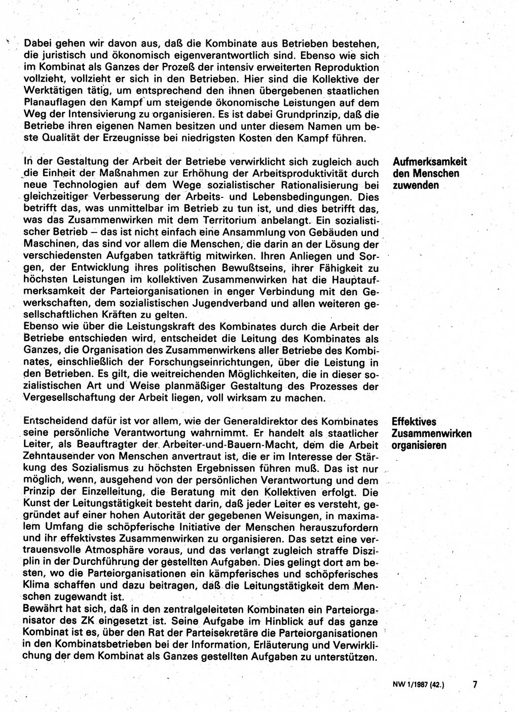 Neuer Weg (NW), Organ des Zentralkomitees (ZK) der SED (Sozialistische Einheitspartei Deutschlands) für Fragen des Parteilebens, 42. Jahrgang [Deutsche Demokratische Republik (DDR)] 1987, Seite 7 (NW ZK SED DDR 1987, S. 7)
