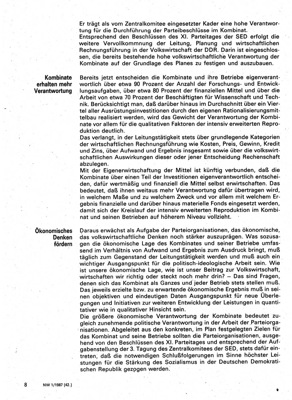 Neuer Weg (NW), Organ des Zentralkomitees (ZK) der SED (Sozialistische Einheitspartei Deutschlands) für Fragen des Parteilebens, 42. Jahrgang [Deutsche Demokratische Republik (DDR)] 1987, Seite 8 (NW ZK SED DDR 1987, S. 8)