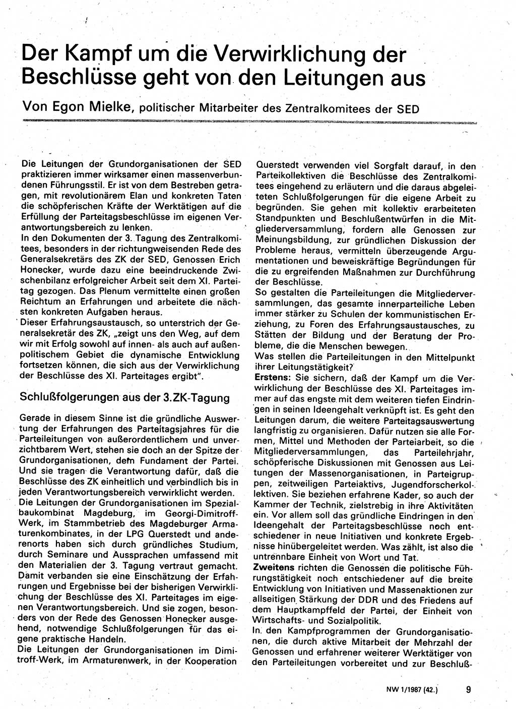 Neuer Weg (NW), Organ des Zentralkomitees (ZK) der SED (Sozialistische Einheitspartei Deutschlands) für Fragen des Parteilebens, 42. Jahrgang [Deutsche Demokratische Republik (DDR)] 1987, Seite 9 (NW ZK SED DDR 1987, S. 9)