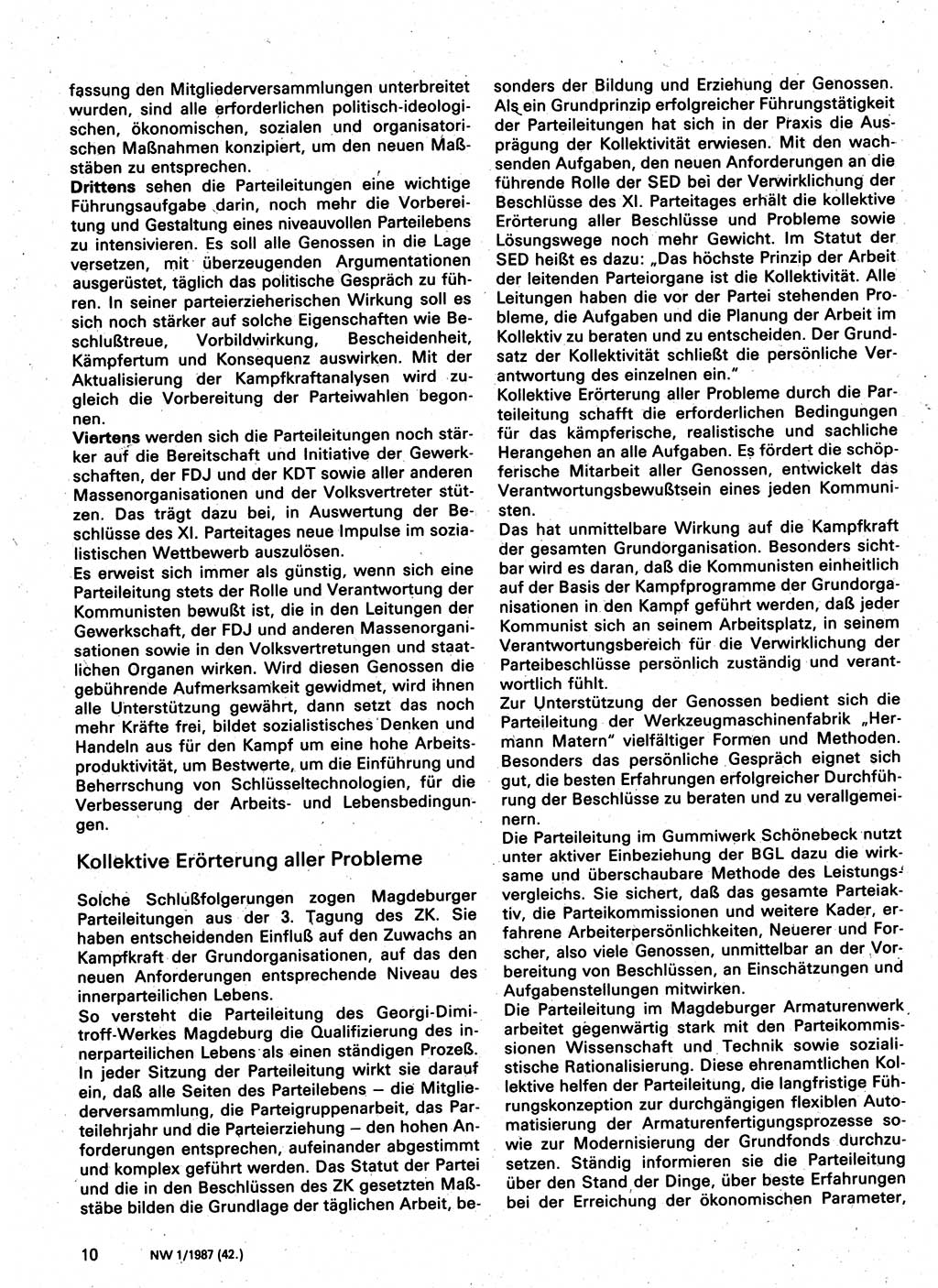 Neuer Weg (NW), Organ des Zentralkomitees (ZK) der SED (Sozialistische Einheitspartei Deutschlands) für Fragen des Parteilebens, 42. Jahrgang [Deutsche Demokratische Republik (DDR)] 1987, Seite 10 (NW ZK SED DDR 1987, S. 10)