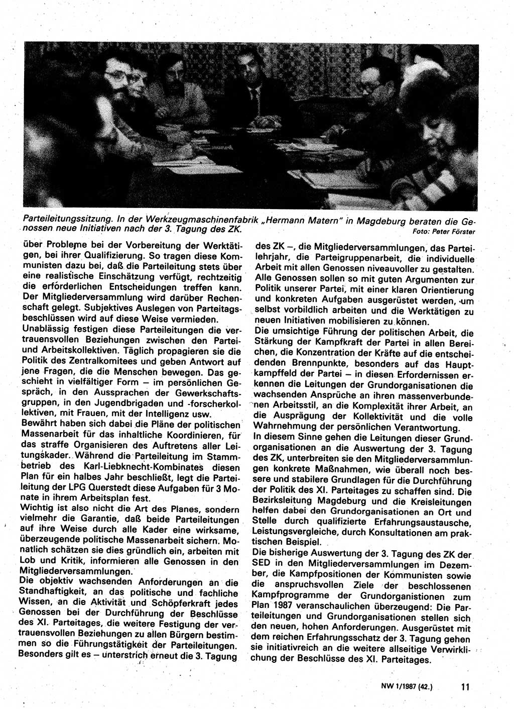 Neuer Weg (NW), Organ des Zentralkomitees (ZK) der SED (Sozialistische Einheitspartei Deutschlands) für Fragen des Parteilebens, 42. Jahrgang [Deutsche Demokratische Republik (DDR)] 1987, Seite 11 (NW ZK SED DDR 1987, S. 11)