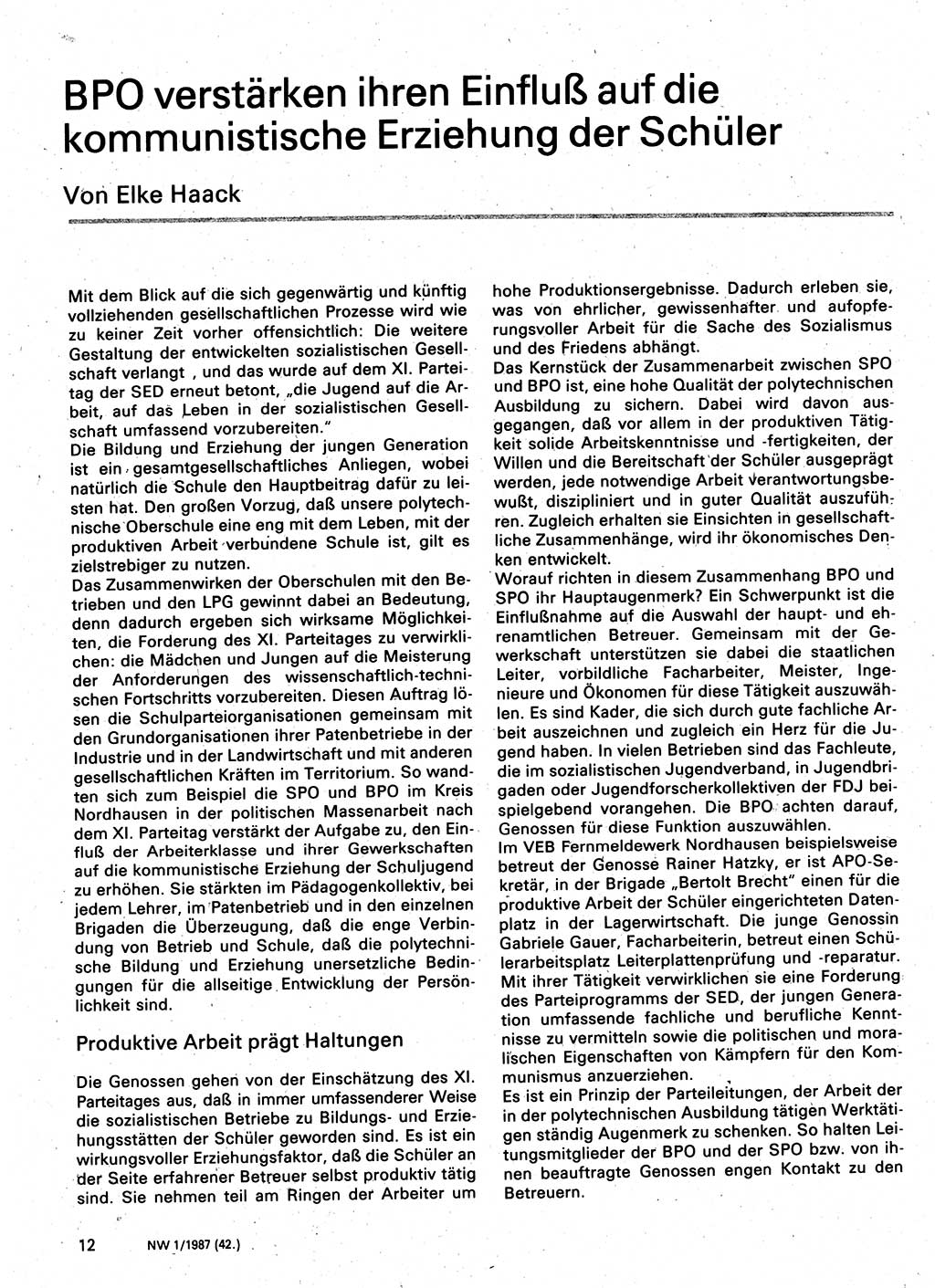 Neuer Weg (NW), Organ des Zentralkomitees (ZK) der SED (Sozialistische Einheitspartei Deutschlands) für Fragen des Parteilebens, 42. Jahrgang [Deutsche Demokratische Republik (DDR)] 1987, Seite 12 (NW ZK SED DDR 1987, S. 12)