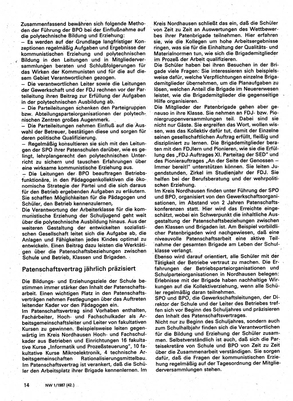 Neuer Weg (NW), Organ des Zentralkomitees (ZK) der SED (Sozialistische Einheitspartei Deutschlands) für Fragen des Parteilebens, 42. Jahrgang [Deutsche Demokratische Republik (DDR)] 1987, Seite 14 (NW ZK SED DDR 1987, S. 14)