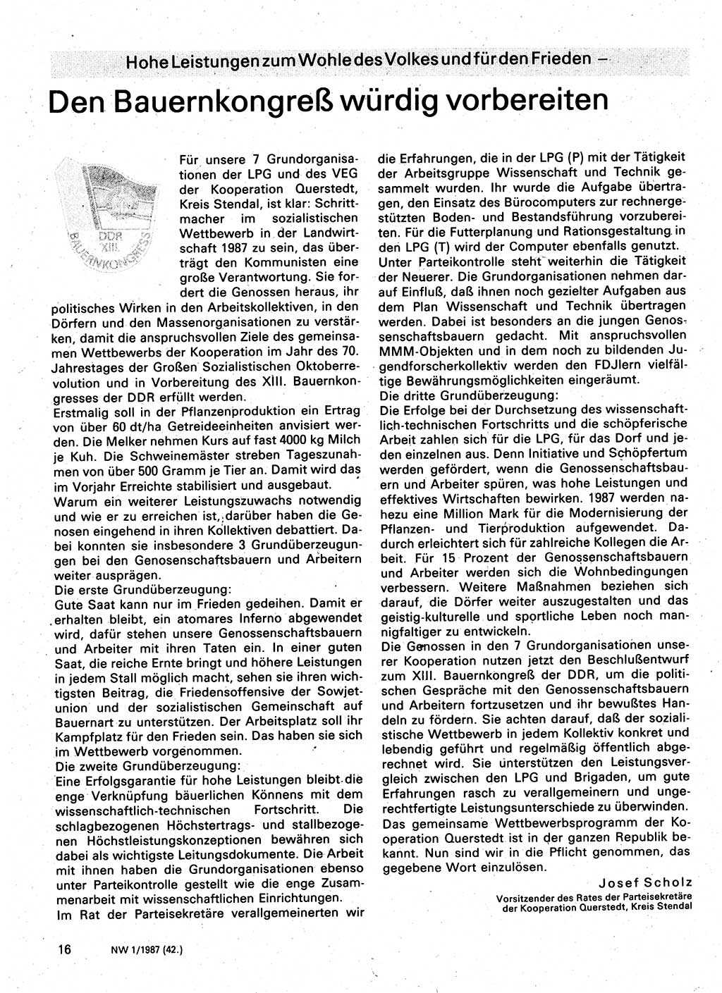 Neuer Weg (NW), Organ des Zentralkomitees (ZK) der SED (Sozialistische Einheitspartei Deutschlands) für Fragen des Parteilebens, 42. Jahrgang [Deutsche Demokratische Republik (DDR)] 1987, Seite 16 (NW ZK SED DDR 1987, S. 16)