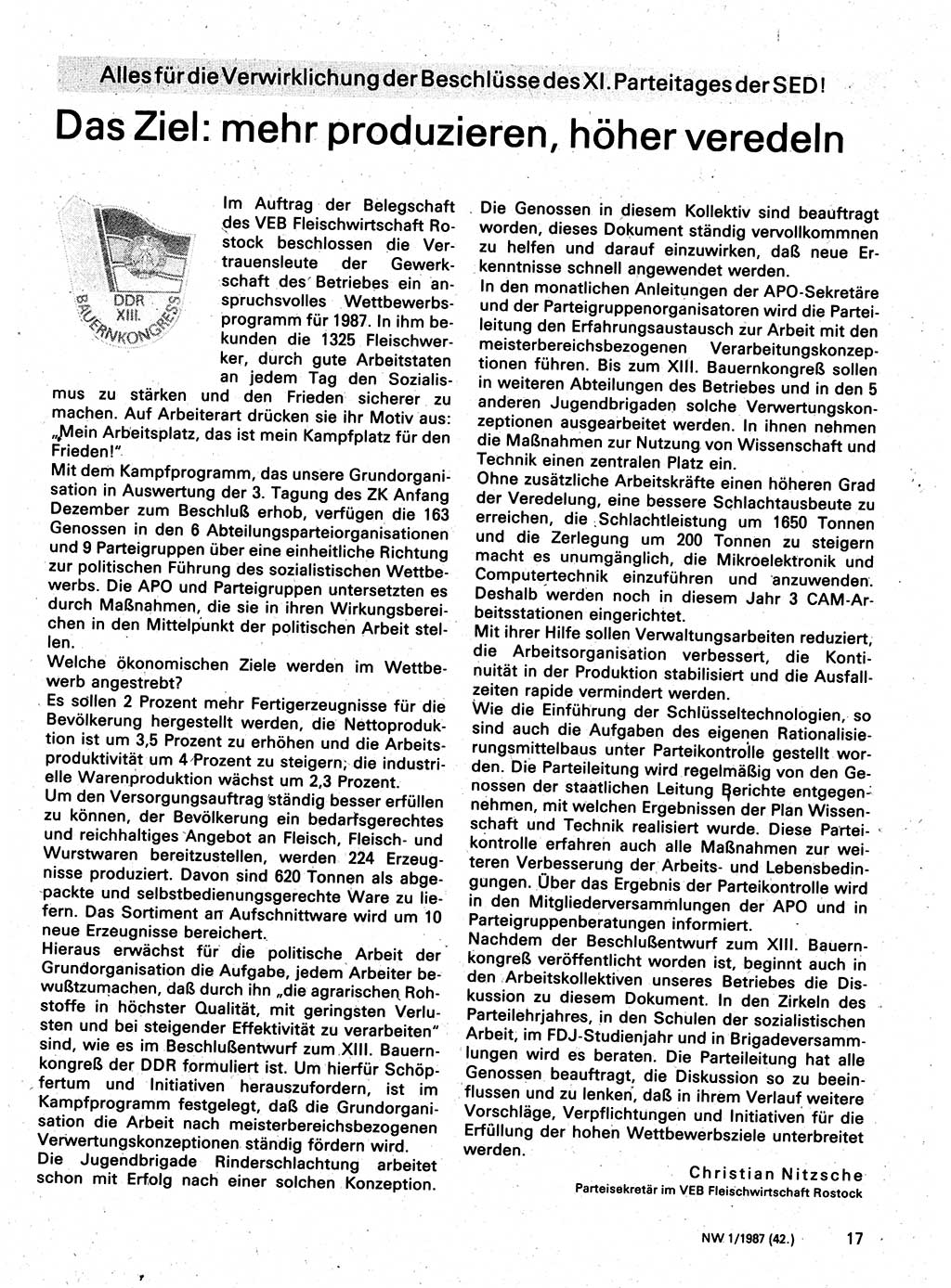 Neuer Weg (NW), Organ des Zentralkomitees (ZK) der SED (Sozialistische Einheitspartei Deutschlands) für Fragen des Parteilebens, 42. Jahrgang [Deutsche Demokratische Republik (DDR)] 1987, Seite 17 (NW ZK SED DDR 1987, S. 17)