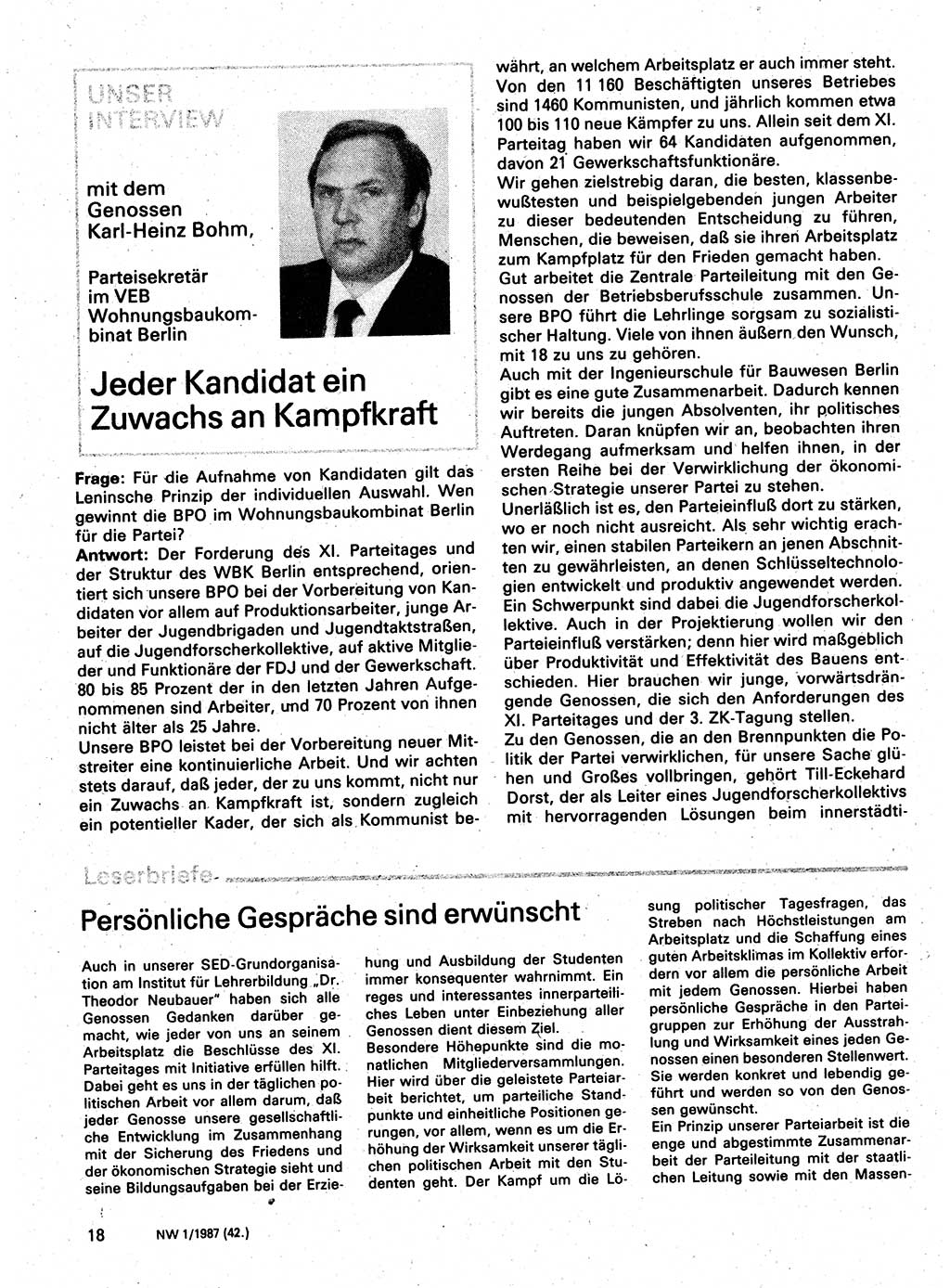 Neuer Weg (NW), Organ des Zentralkomitees (ZK) der SED (Sozialistische Einheitspartei Deutschlands) für Fragen des Parteilebens, 42. Jahrgang [Deutsche Demokratische Republik (DDR)] 1987, Seite 18 (NW ZK SED DDR 1987, S. 18)
