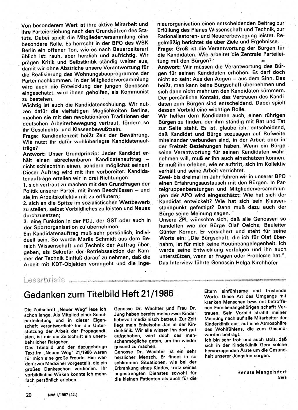 Neuer Weg (NW), Organ des Zentralkomitees (ZK) der SED (Sozialistische Einheitspartei Deutschlands) für Fragen des Parteilebens, 42. Jahrgang [Deutsche Demokratische Republik (DDR)] 1987, Seite 20 (NW ZK SED DDR 1987, S. 20)